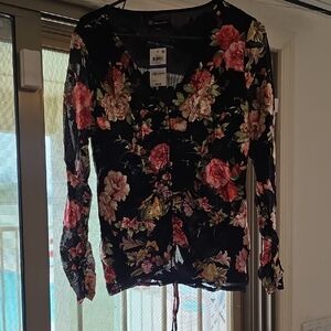 INC International Concepts Black Floral Lace-Up Blouse